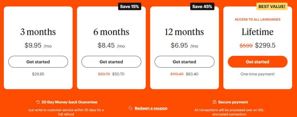 Babbel has four subscription options: 3 months, 6 months, 12 months, and Lifetime plan