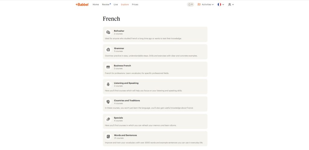 A list of French lessons by subject on Babbel