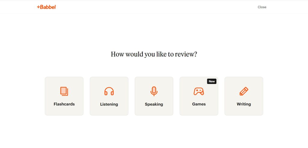 Babbel "How would you like to review?" page showing choice of flashcards, listening, speaking, games, or writing.