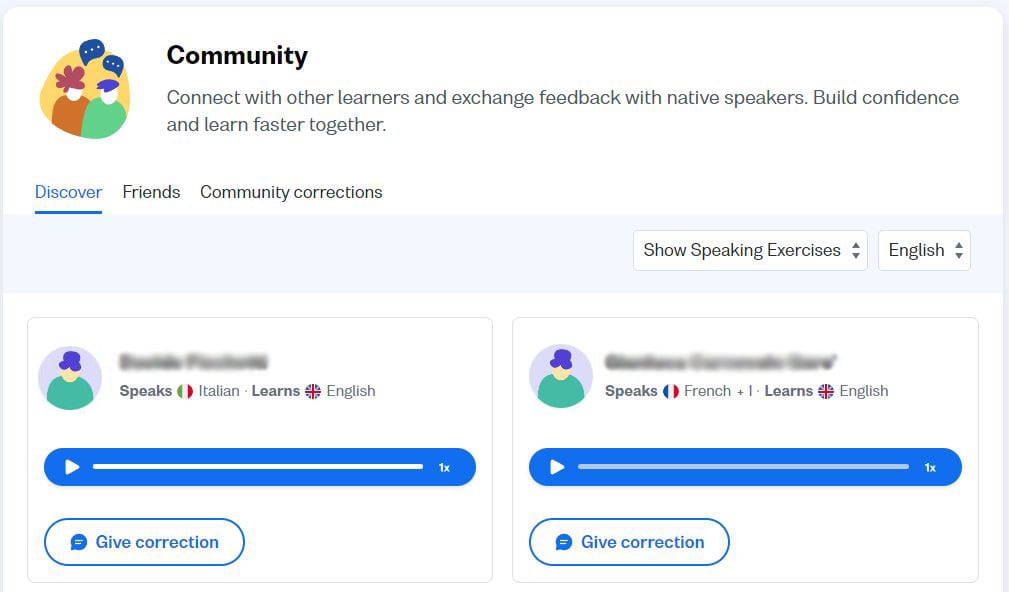 Busuu's community page allows you to connect with other learners and exchange feedback