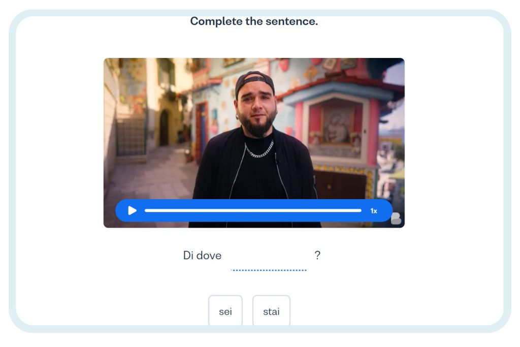 Busuu's fill-in-the blank activity with an AI-generated video