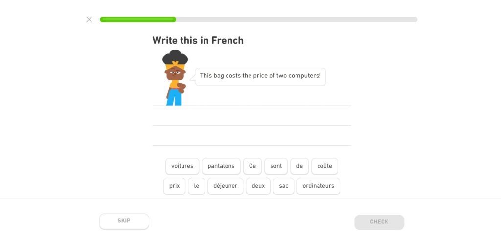 Franco-African Duolingo character stands in a jaunty pose beside an exercise prompt that asks users to translate the sentence "This bag costs the price of two computers" into French, by choosing from an assortment of words.
