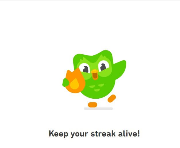 Duolingo mascot Duo the owl holding the flame-shaped streak symbol with the words Keep your streak alive! written below him.