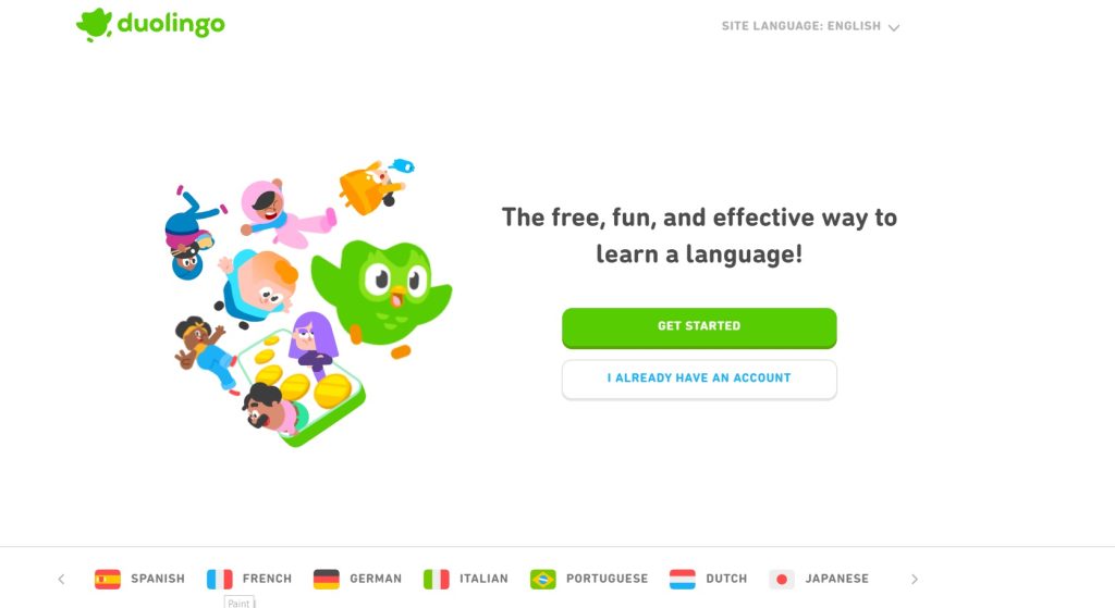 Duolingo landing page, which includes an illustration of many of its characters jumping out of a phone