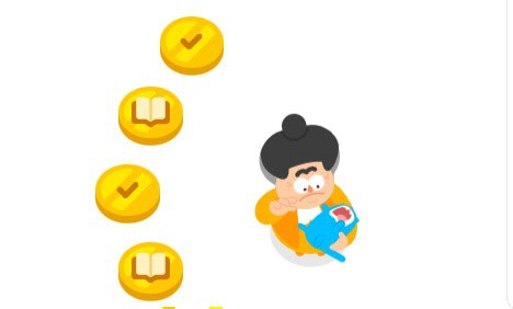 View of a Duolingo lesson map, with character Lucy, an older woman holding a yowling blue cat, beside it.