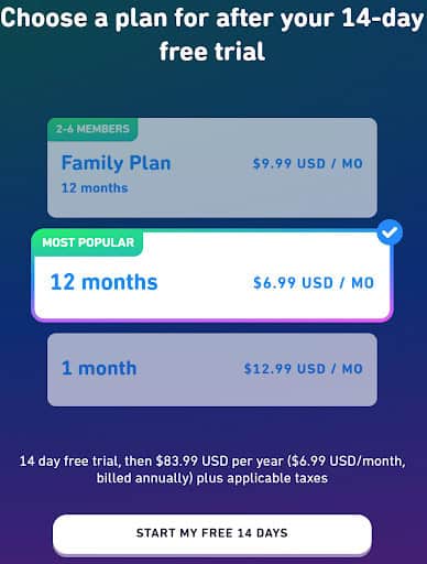 Duolingo provides a 14-day free trial, allowing you to choose from three available subscription plans - 1 month, 12 months, family plan