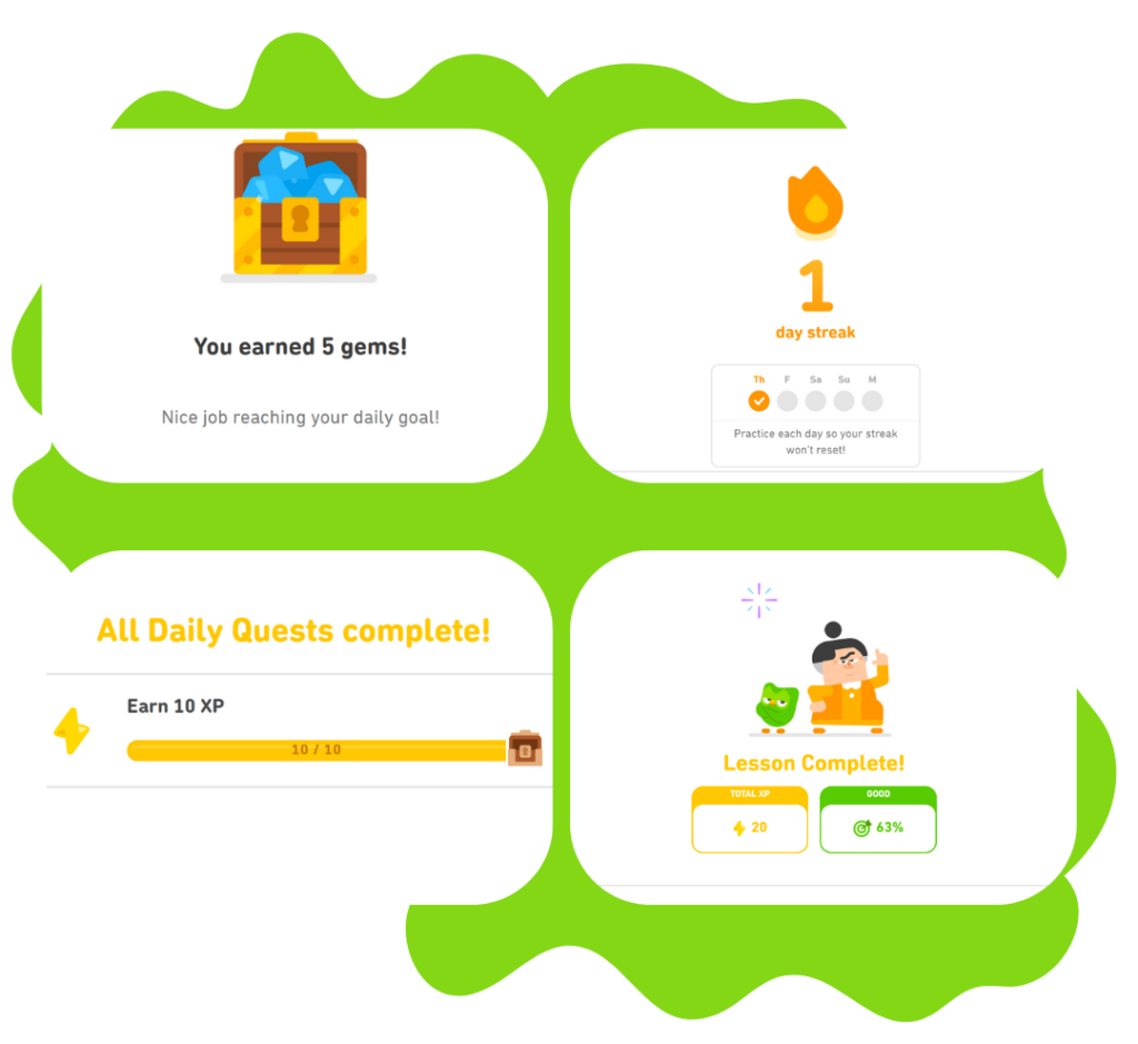 Duolingo's xp points, gems, and daily streak