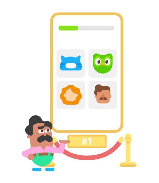Duolingo character Oscar standing proudly in front of a velvet rope. Behind it, displayed like a work of art, is what looks like a phone with Duolingo character outlines on the screen.