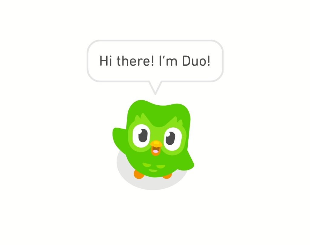 Duolingo mascot Duo the owl waving and saying "Hi there! I'm Duo!"