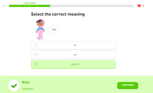 In this Duolingo activity, you need to choose the correct translation of the English word displayed alongside an image.