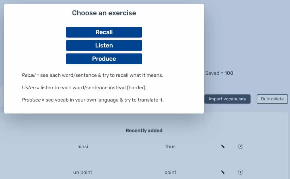 Flashcards include three exercises: Recall, Listen, and Produce.