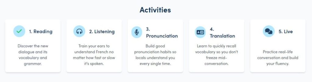 
In French Together, you can learn the language through various activities such as reading, listening, pronunciation practice, translation, and interacting with a chatbot.