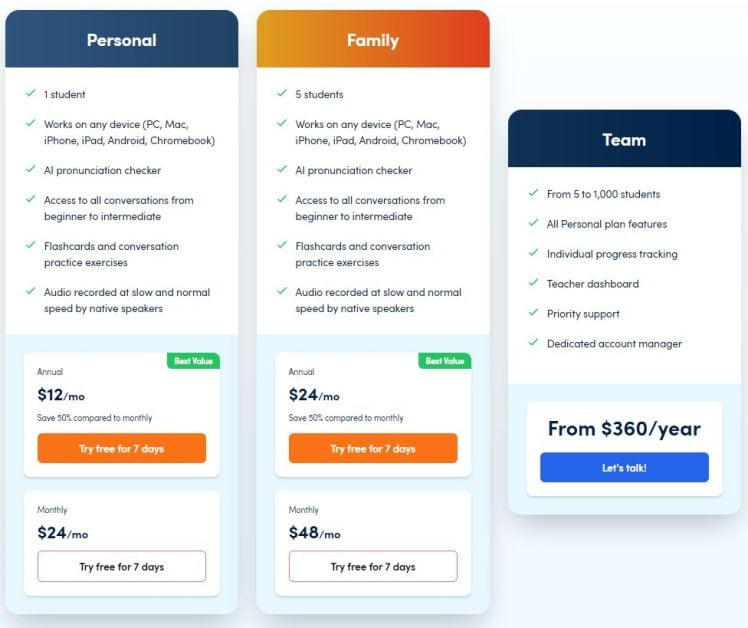 French Together offers three subscription plans to choose from, with options for monthly and annual payments.