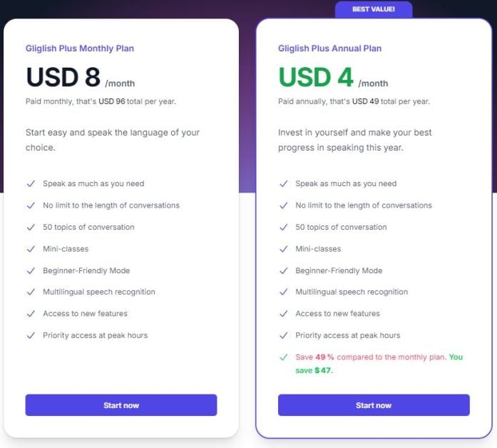 Gliglish offers a monthly and annual plan.