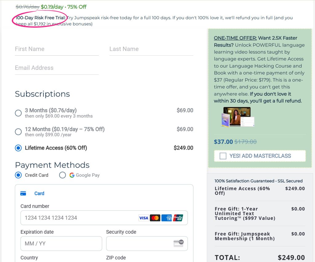 Jumpspeak offers a 3-month, annual, and lifetime plans
