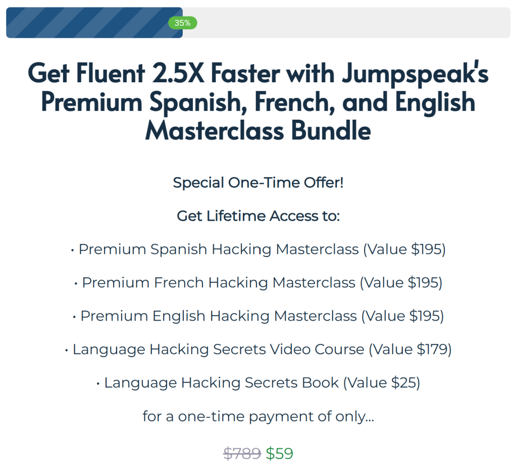 Jumpspeak's Premium Spanish, French, and English masterclass bundle for $59