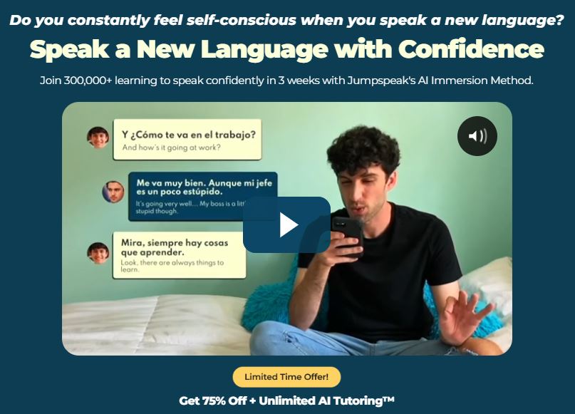 Jumpspeak website offering 75% off plus unlimited AI Tutoring