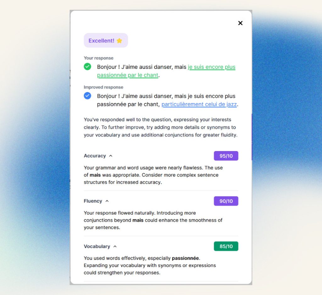 The chatbot offers feedback on your answer based on three criteria: accuracy, fluency, and vocabulary.
