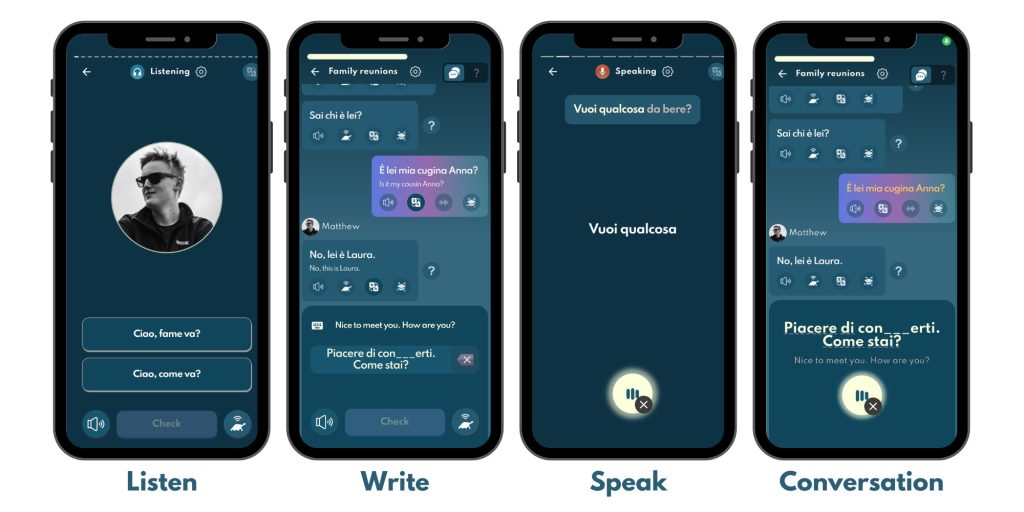 Jumpspeak Lesson consists of four activities: Listening, Writing, Speaking, and Conversation.