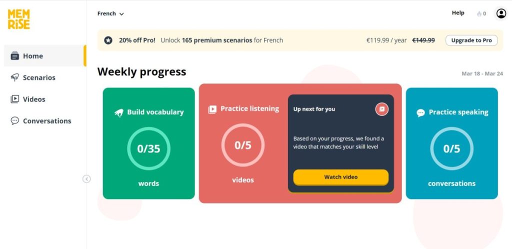 Personalized Memrise homepage, showing progress, upcoming lessons and more