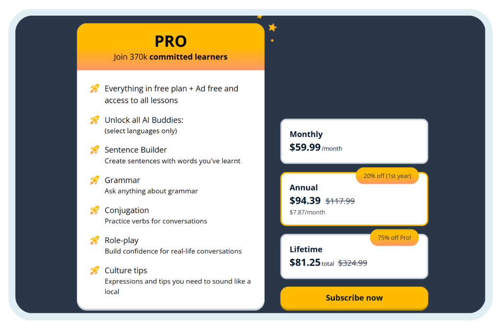 Memrise pro perks. They offer monthly, annual, and lifetime plans.