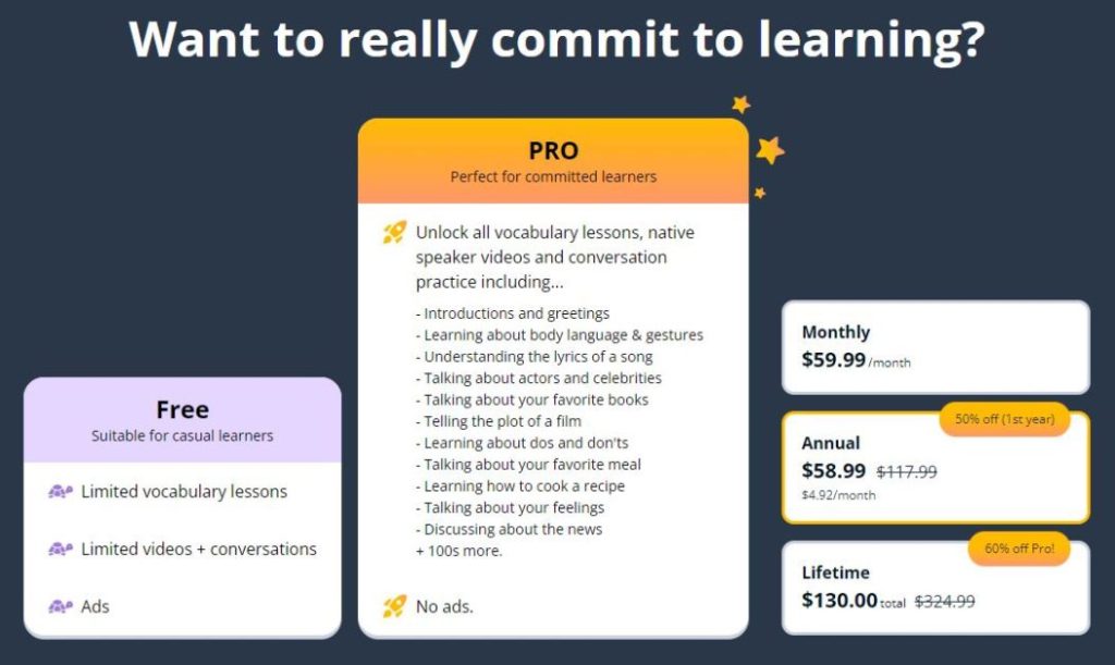 Memrise offers both a free plan and a pro plan, with the pro plan allowing payment options for monthly, annual, or a one-time lifetime subscription.