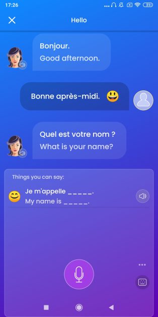 Screengrab of a Mondly chat with dubious choices of French vocabulary, as well as a few not great English translations.