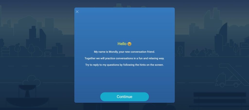 Screengrab of Mondly chat introducing itself and giving instructions in English.