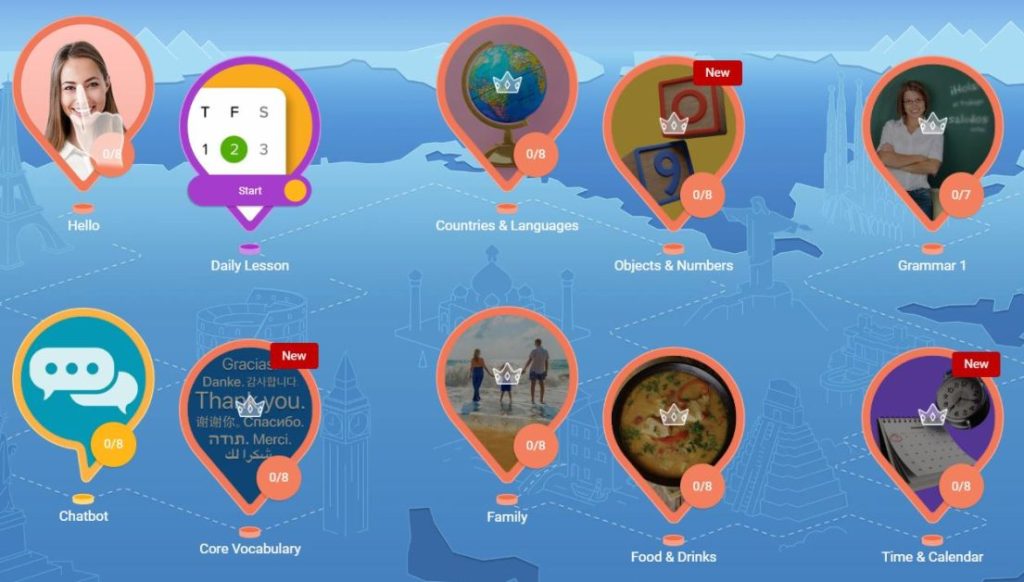 Mondly's colorful dashboard resembles a map that guides you through each step of your learning journey.