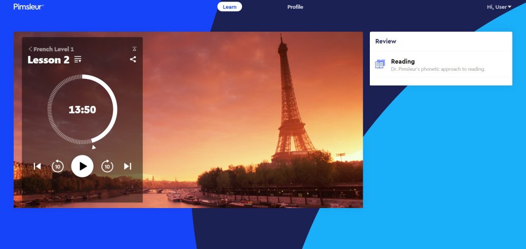 Pimsleur lesson image, which, true to form, is just a photo of the Eiffel Tower at sunset and a play button with the minutes of the audio lesson. A sidebar shows the reading option, which is simply a guide to Dr. Pimsleur's approach to reading, not lesson or learning material.