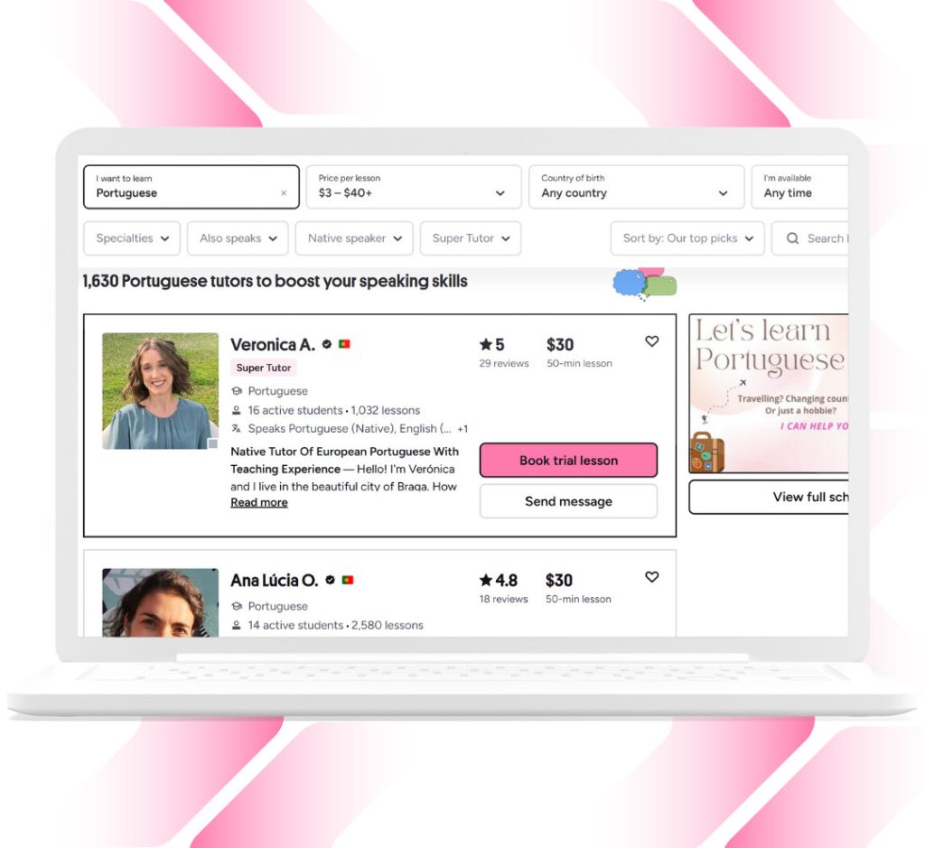 Look for a Preply tutor by using the filters to refine your search.