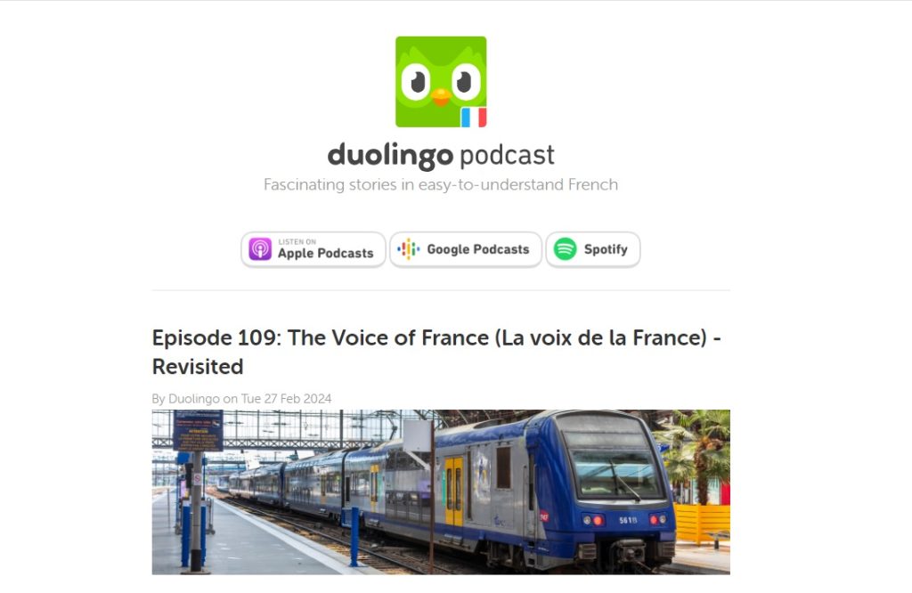 Screen shot of the Duolingo French webpage with an episode