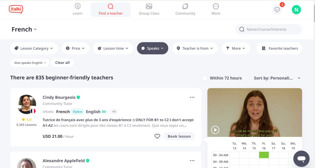 iTalki filters make it easy for you to find the right tutors