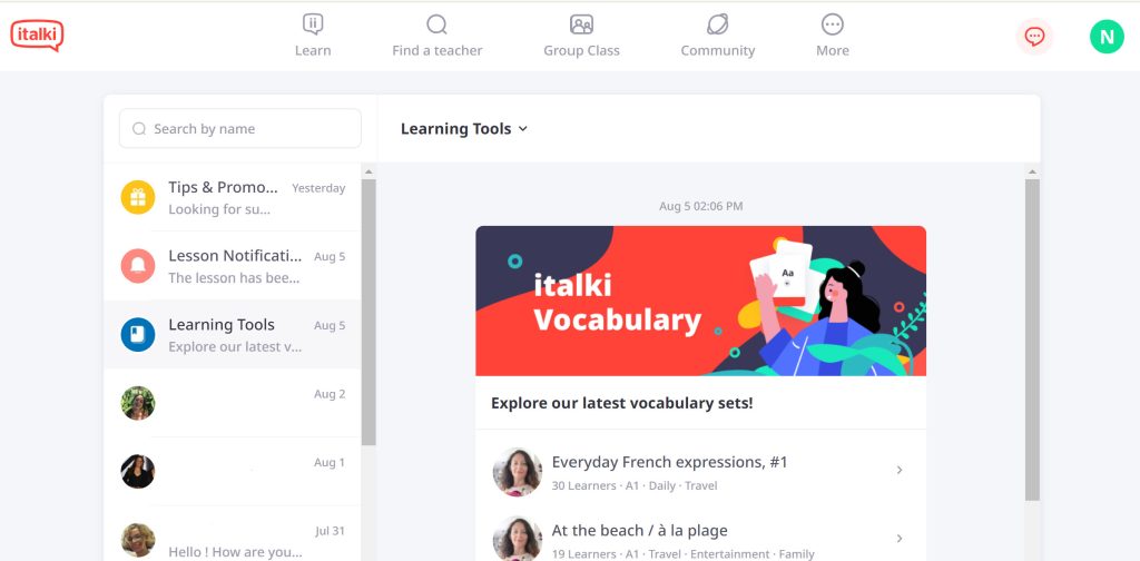 iTalki's internal messaging system where you can message the tutor's directly