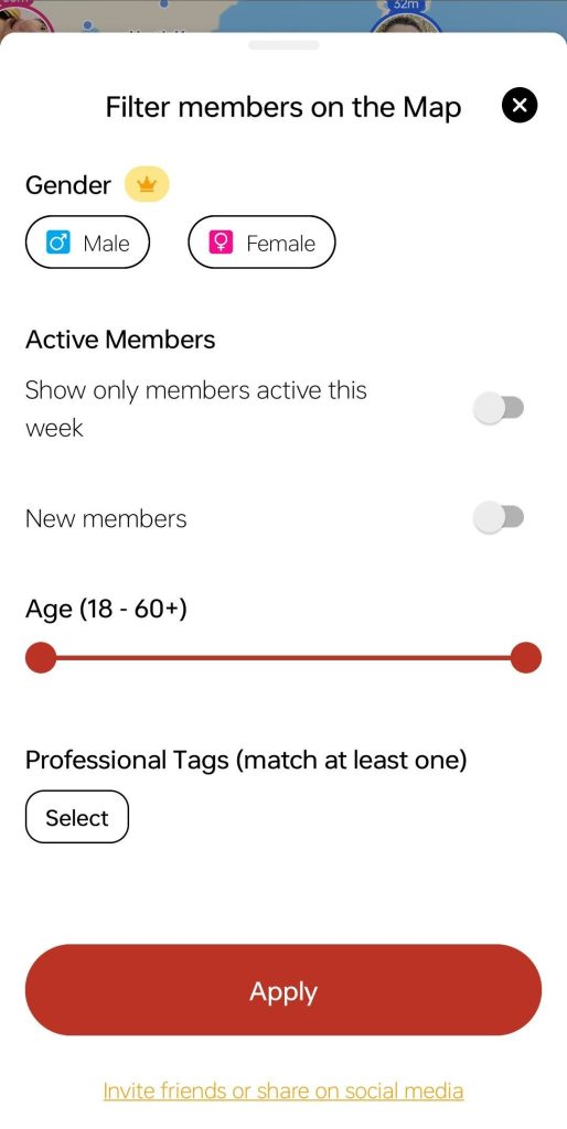 You can filter the profiles by gender, age, active members, and new members on the map.