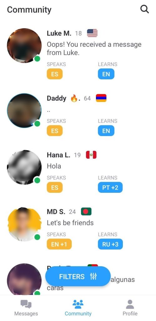 This is the Speaky's community page where you can browse profiles of native speakers.