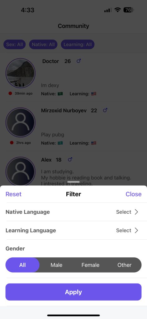 Tabee allows you to filter the users by native language, learning language, and gender.