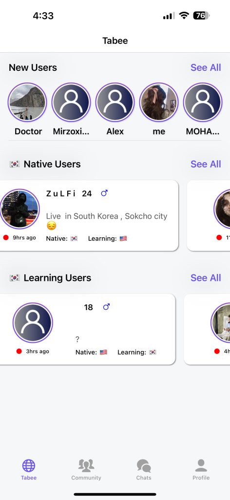 Tabee Home page has three sections: New Users, Native Users, and Learning Users
